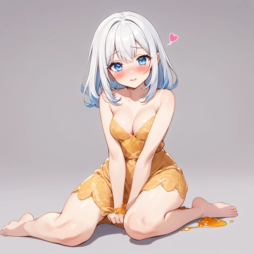 NSFW, white hair, blue eyes, medium straight hair, medium , shy, heart eyes, blushing, full body, honey trap