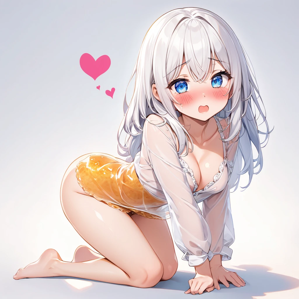 NSFW, white hair, blue eyes, medium straight hair, medium , shy, heart eyes, blushing, full body, honey trap