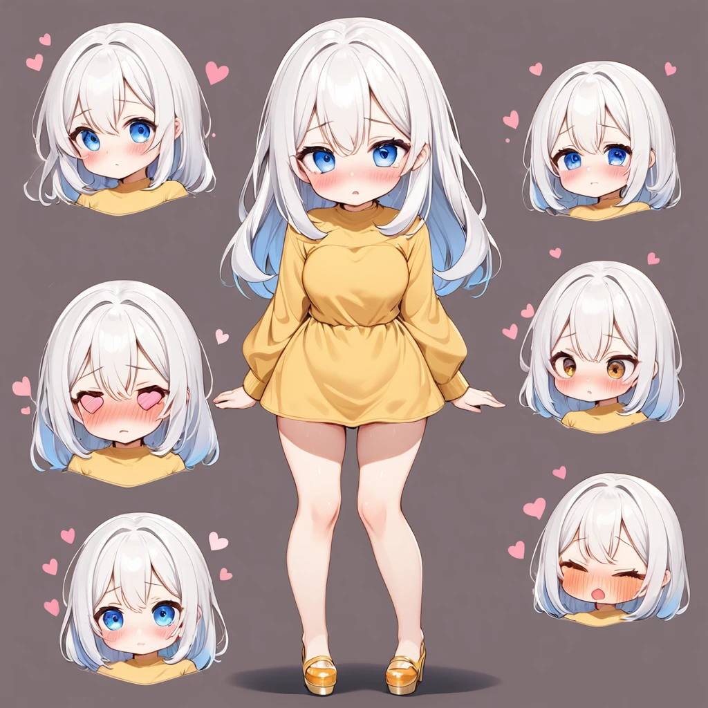 NSFW, white hair, blue eyes, medium straight hair, medium , shy, heart eyes, blushing, full body, honey trap