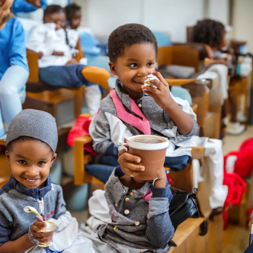 a kid drink a hot chocolate in waiting room in hospital