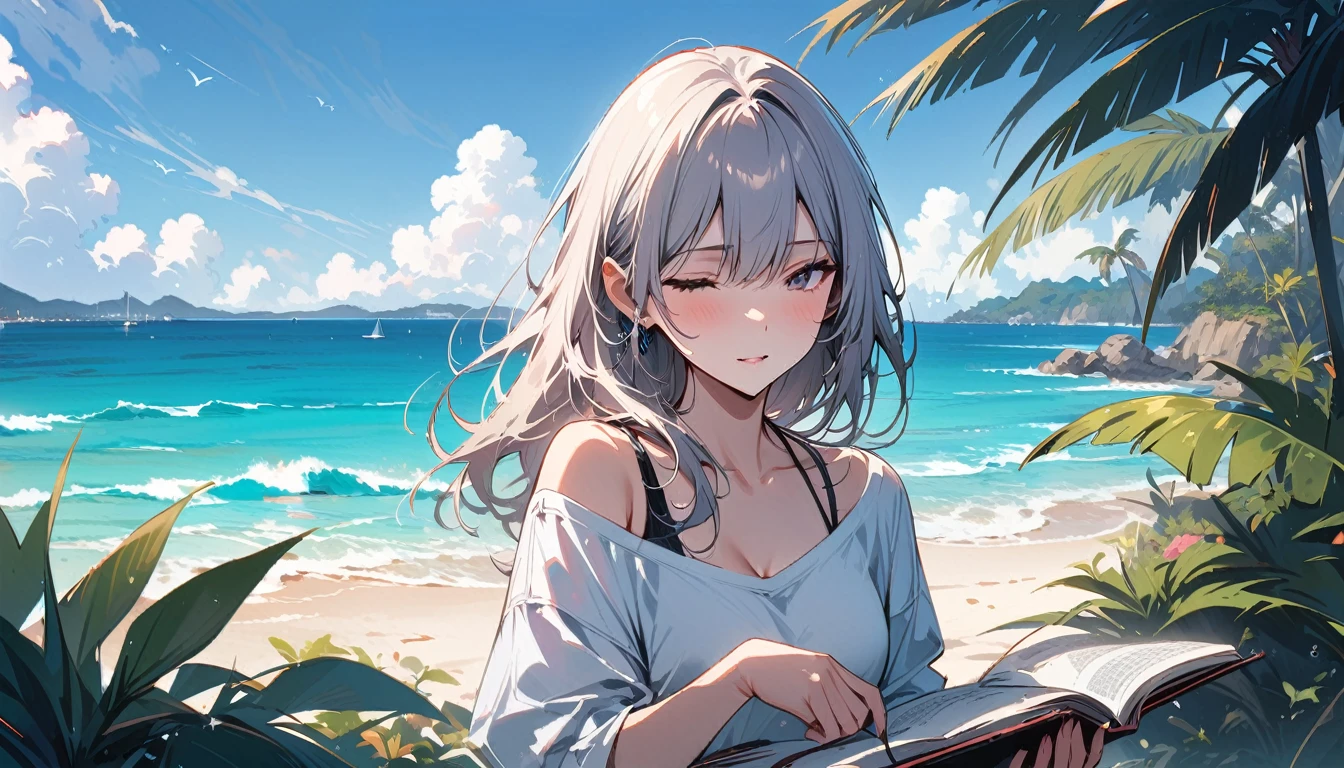 (masterpiece, Highest quality:1.2), 1 Girl, alone,Eyes open,I have a book,Tropical atmosphere,Ocean
