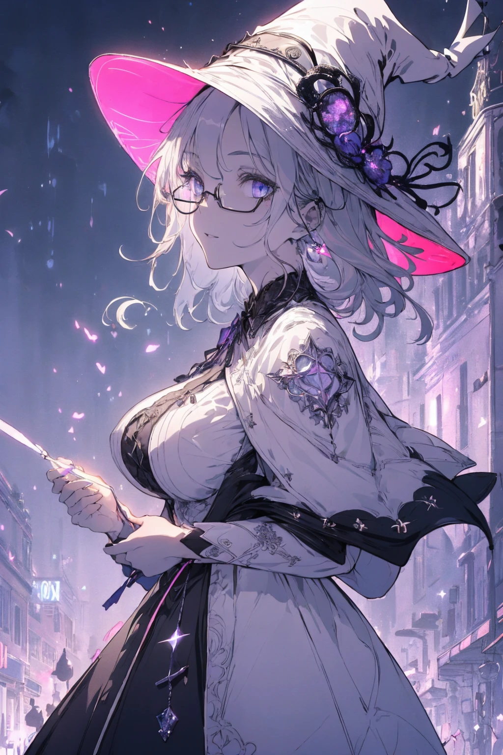 (witchcraft photo:1.1,in neon downtown:1.5), Masterpiece, best quality, (very detailed CG unity 8k wallpaper), (best quality), High definition RAW color art, Animation,sculptures, (silver Marble Skin), (((Ultra detailed elegant))), Magical atmosphere, Detailed skin, Texture,(Intricately detailed, Fine detail, ultra-detail art), depth of fields, bokeh, Silky Touch, Hyper Detail, beautiful eyes, Elegant Face, (ローブ, profile, looking here), sparkle background, (silver hair), pastel purple, fat, shorthair, dress, フリル, witchcraft hat, Round Glasse:1.4, enormous breast, リボン, kawaii smile