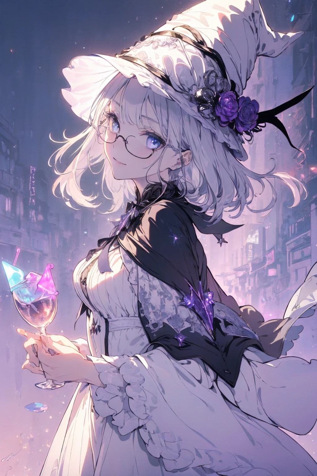 (witchcraft photo:1.1,in neon downtown:1.5), Masterpiece, best quality, (very detailed CG unity 8k wallpaper), (best quality), High definition RAW color art, Animation,sculptures, (silver Marble Skin), (((Ultra detailed elegant))), Magical atmosphere, Detailed skin, Texture,(Intricately detailed, Fine detail, ultra-detail art), depth of fields, bokeh, Silky Touch, Hyper Detail, beautiful eyes, Elegant Face, (ローブ, profile, looking here), sparkle background, (silver hair), pastel purple, fat, shorthair, dress, フリル, witchcraft hat, Round Glasse:1.4, enormous breast, リボン, kawaii smile