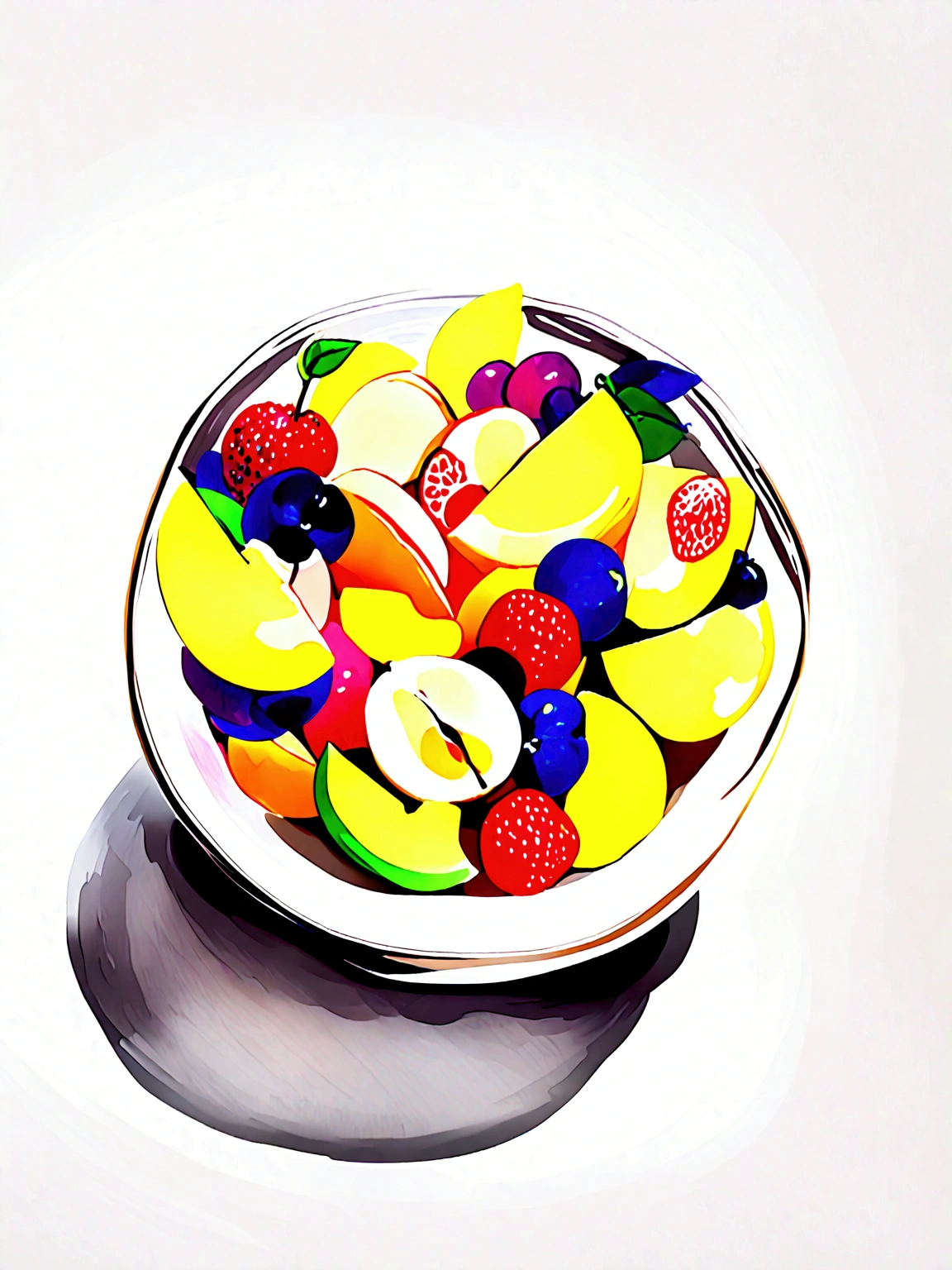 ((masterpiece)), 8k, super detail, award winning, highres, best quality, accurate,((best quality:1.2)), ((watercolor)), (((solid white background))), ((minimalist)), ((negative space)), a bowl full of fresh, healthy and vibrant color fruit salad, the bowl are made form wood, capture the fresh and delicious taste from the food, ((watercolor)), no object clip, no shadow clip, no blur, no human, no person, no text, no symbol,