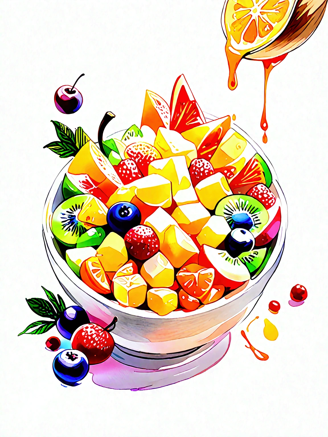 ((masterpiece)), 8k, super detail, award winning, highres, best quality, accurate,((best quality:1.2)), ((watercolor)), (((solid white background))), ((minimalist)), ((negative space)), a bowl full of fresh, healthy and vibrant color fruit salad, the bowl are made form wood, capture the fresh and delicious taste from the food, ((watercolor)), no object clip, no shadow clip, no blur, no human, no person, no text, no symbol,