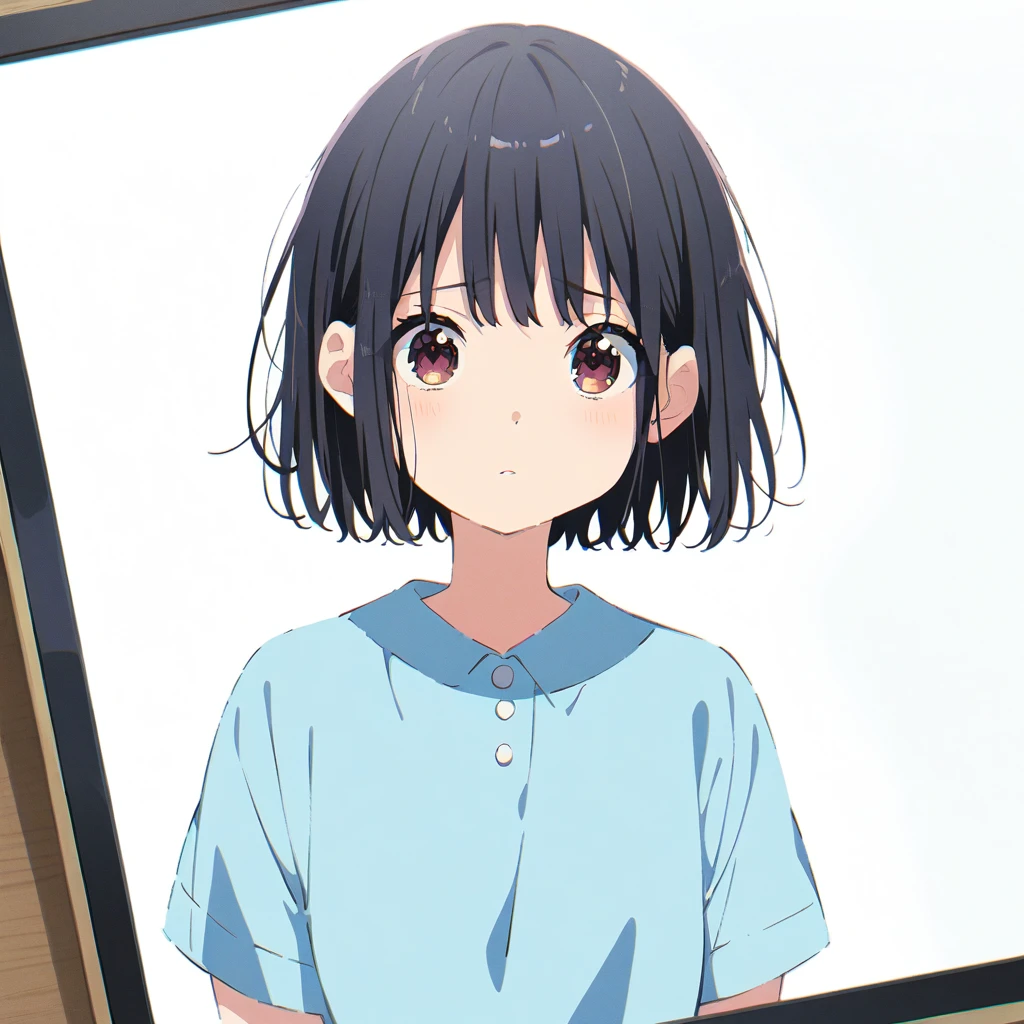 Masterpiece, Best quality, solo female, young girl, sister-like, brown eyes color, short hair, black color hair, depression eyes, hopeless expression, anxiety, white and blue dress, white eardrop, frontal photo, anime, illustration