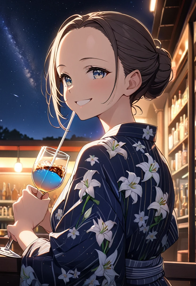 8K,((Highest quality)),((high-res)),((ultra detailed face)),night,She is drinking something in a bar ,outside  ,chignon,forehead,milkyway,she wears lily pattern yukata,((big smiling))
