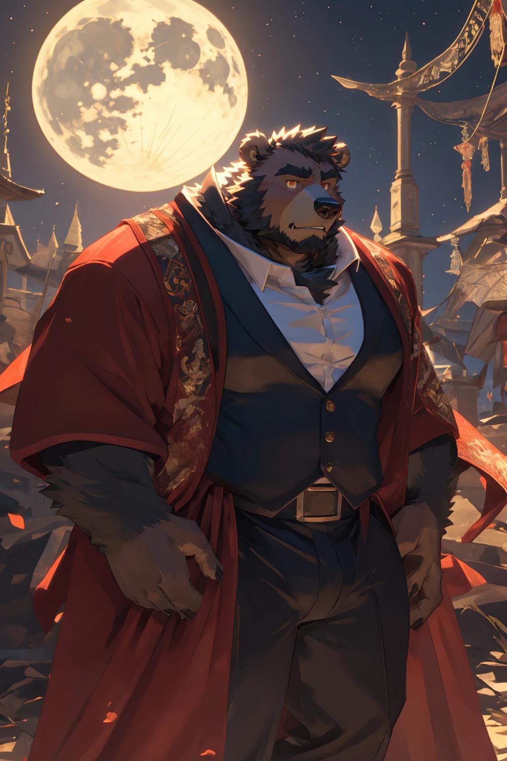 (Super detailed), Sharp focus,hairy, Gray fur, White beard,,Golden Eyes,human nature (棕Bear:1.3), male, Muscular ,(Crotch bulge),(Big Bag),Super detailed的脸,(dishevelled:1.4),(best quality), (masterpiece), High Detail, high quality,High resolution,16K,(Bear:1.3),(scar:1.1),Fangs,(vampire:1.2),(Red robe),moonlight,Sharp teeth