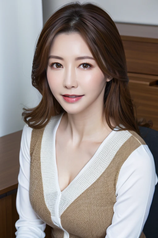 ((best quality, 8K, masterpiece: 1.3)), sharp focus: 1.2, Beautiful Women in Perfect Shape: 1.4,female secretary ), office, Highly detailed face and skin textures, beautiful eyes, (Lips), Dark brown hair