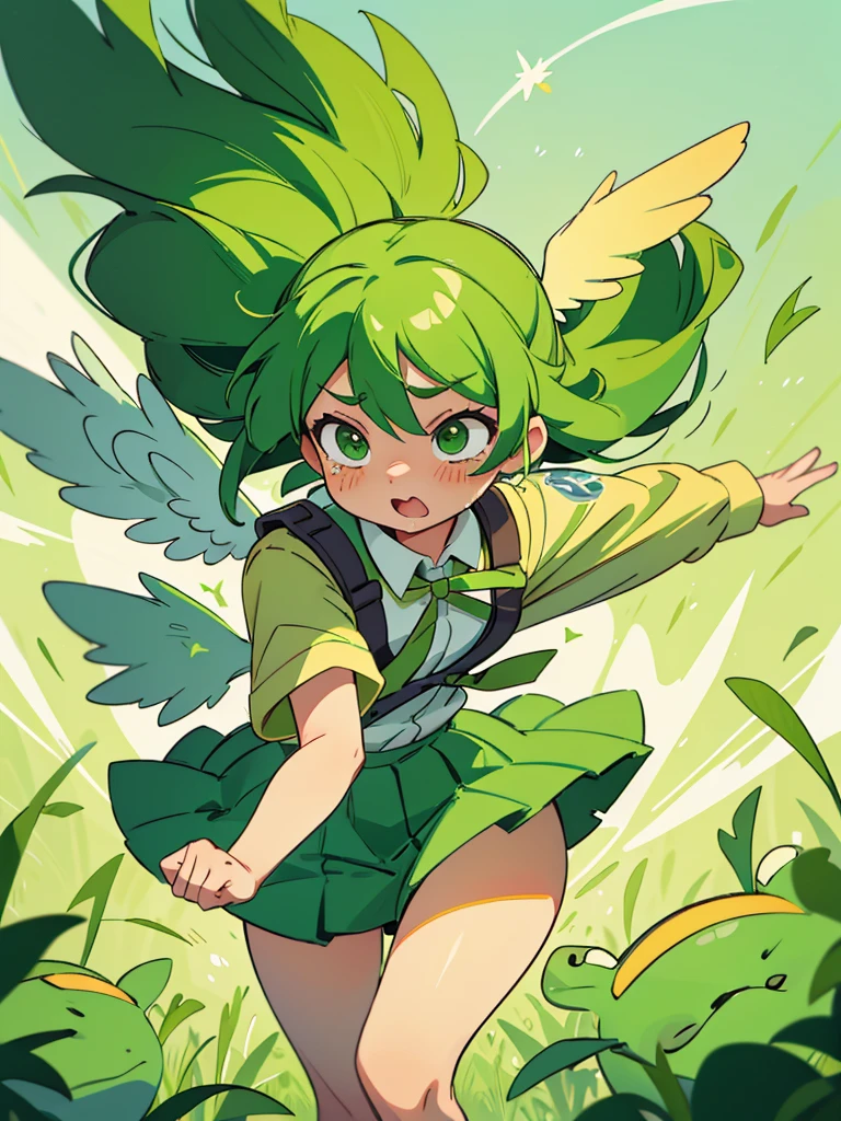 An angel girl with wings flying with green hair and the wind blowing. She is fighting with a big frog. The frog is crying. She is wearing a uniform with green and gold lines.