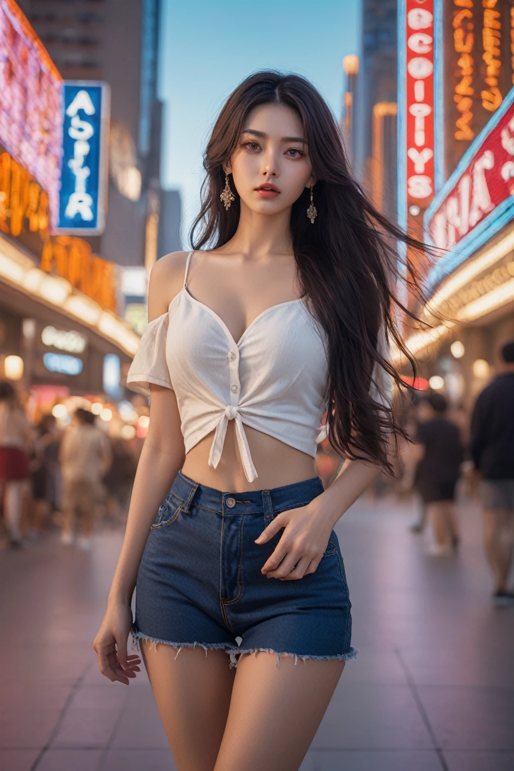 Ultra-wide shot,Cinematic,8K,RAW Photos,Photorealistic,masterpiece,Highest quality,High resolution,Very detailed,Intricate details,An absurd solution,High-quality texture,Detailed Texture,Bright colors,Professional Lighting,Radio City,Photon Mapping,Physically Based Rendering,High Quality Shadows,Ray Tracing,Perfect body,Perfect Face,Sony a7,Very beautiful face,Very beautiful eyes,One girl,denim  mini skirt,mini skirt,belt,alone,belly button,shirt,abdomen,shirt,Crop top,Large Breasts,(Underbust:1.2),Outdoor,Japanese Street,(loose socks:1.1),bangs,Long Hair,whole body,t-shirt,Short sleeve,Are standing,footwear,(A light smile:0.8),(Gothic Makeup:1.1),(Dynamic pose:0.6),Long Hair,((Facing forward)),((whole bodyの画像)),((Long, slender legs))