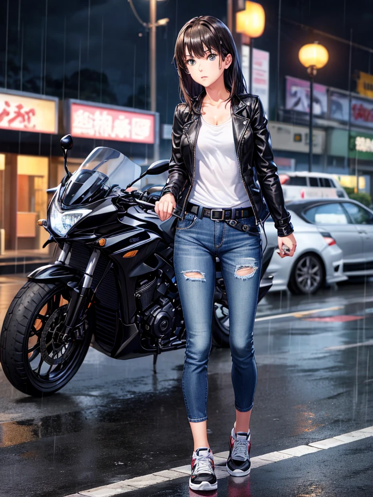 Girl, Black jacket, blue jeans pants , japan police car background, night, rain, small breast ,Sneakers , wet bod, In full growth, Holster with a pistol on the belt