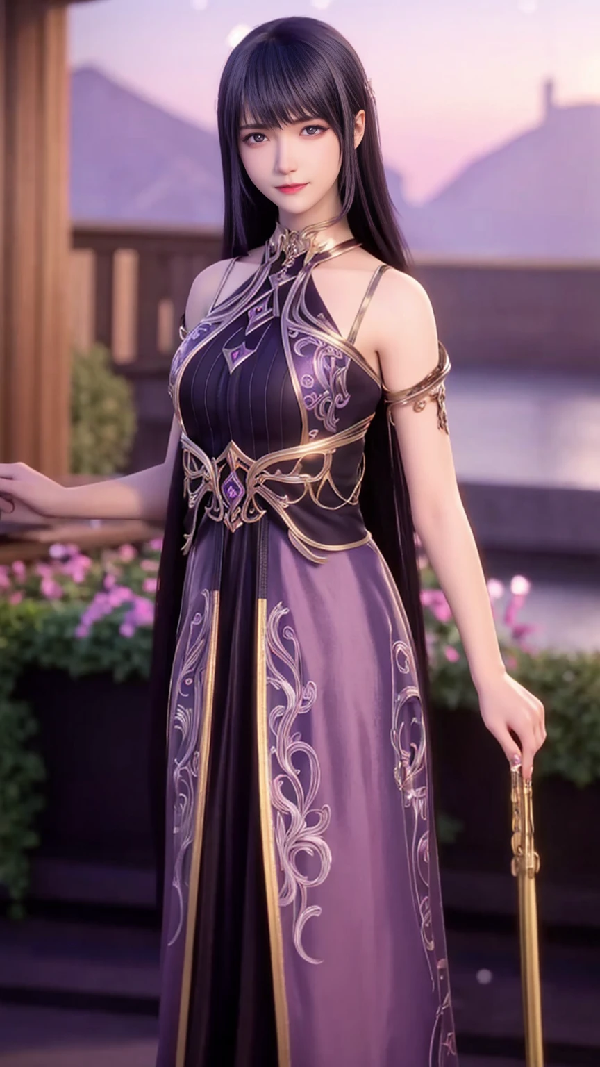 Detailed woman face looking at camera, dark- Purple eyes