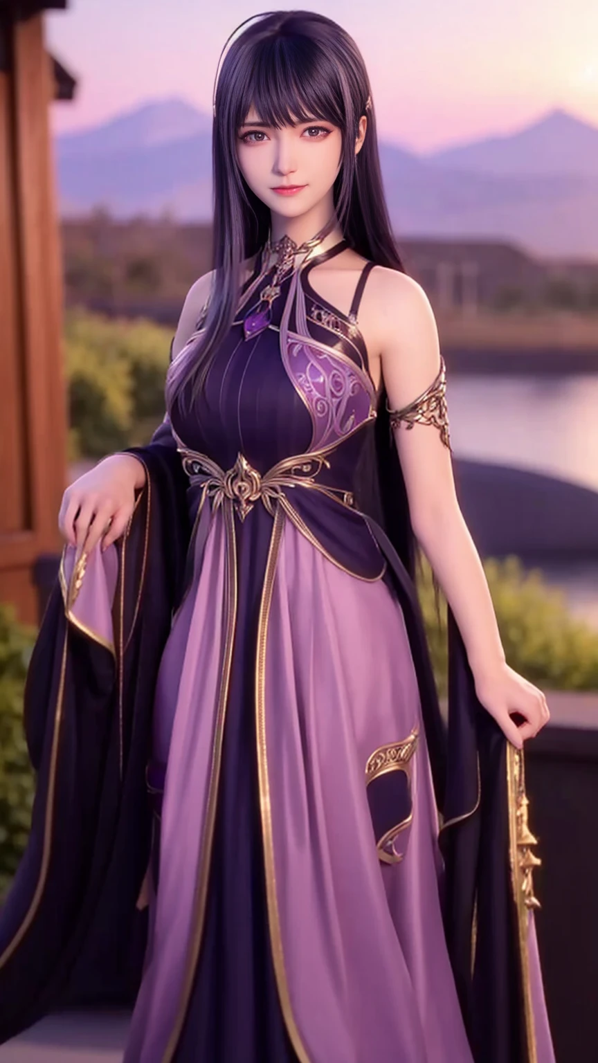 Detailed woman face looking at camera, dark- Purple eyes