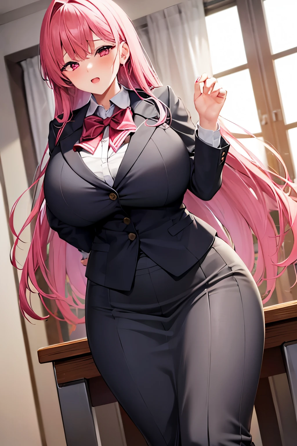 female teacher、Being threatened by a man、Long skirt、suit、Pink Hair、Red eyes、Large Breasts、Too big breasts、classroom、gigantic breasts,bursting breasts、best quality, perfect skin