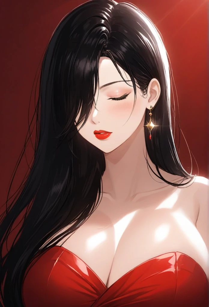 1girl in, solo, Jewelry, Black hair, Necklace, Red lips, Long hair, Closed eyes, lip stick, makeup, Upper body, Closed mouth, Red dress, Hair over one eye, clavicle, Dress,Red Theme,bad-girl, big breasts,Shiny skin,(maturefemale),long earrings 