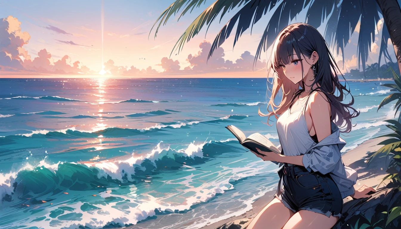 (masterpiece, Highest quality:1.2), 1 Girl, alone,Eyes open,I have a book,Tropical atmosphere,Ocean