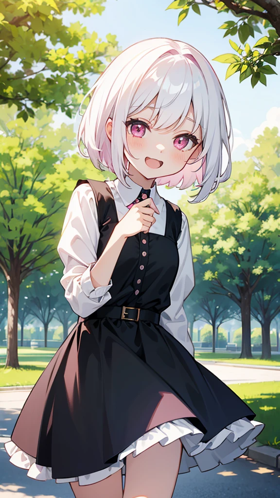 White Hair、Pink Eyes、Short Hair、Cute、One Girl、Only one girl、Daytime、Wearing a black dress、at the park、laughing、Green tree々