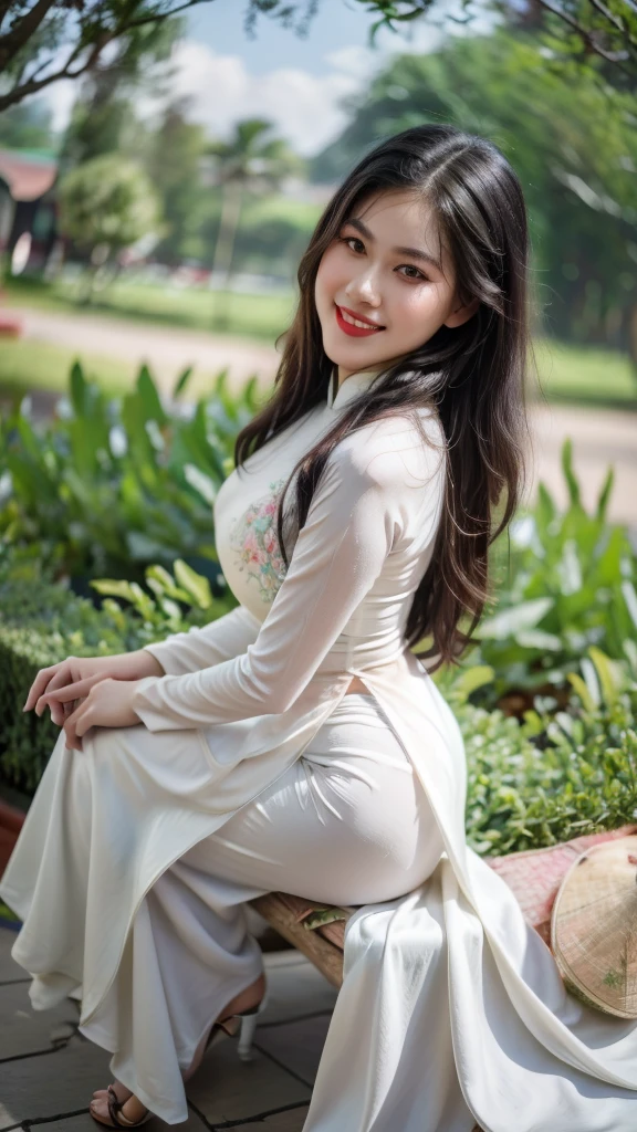 detailed body, attractive body, perfect human body, realistic face,
(ultimate quality, masterpiece, highres:1.0), realistic:1.6, photorealistic,
[8k UHD photos, UHD high quality photos, Super detailed and super clear images],
Close-up of a Vietnamese girl with a beautiful face and balanced body, leggy, round face, big round eyes, Charming smile, Red lips, long curly eyelashes, big dimples, pointed chin, plump face, Her face resembles BaoTran x ThanhThanh, Tall and plump figure, lace bra inside, lace panty inside,
wearing a bright and shiny white silk ao dai with embroidered flowers, sitting and playing with the sand and ocean waves, pose sexy,
Silk ao dai,