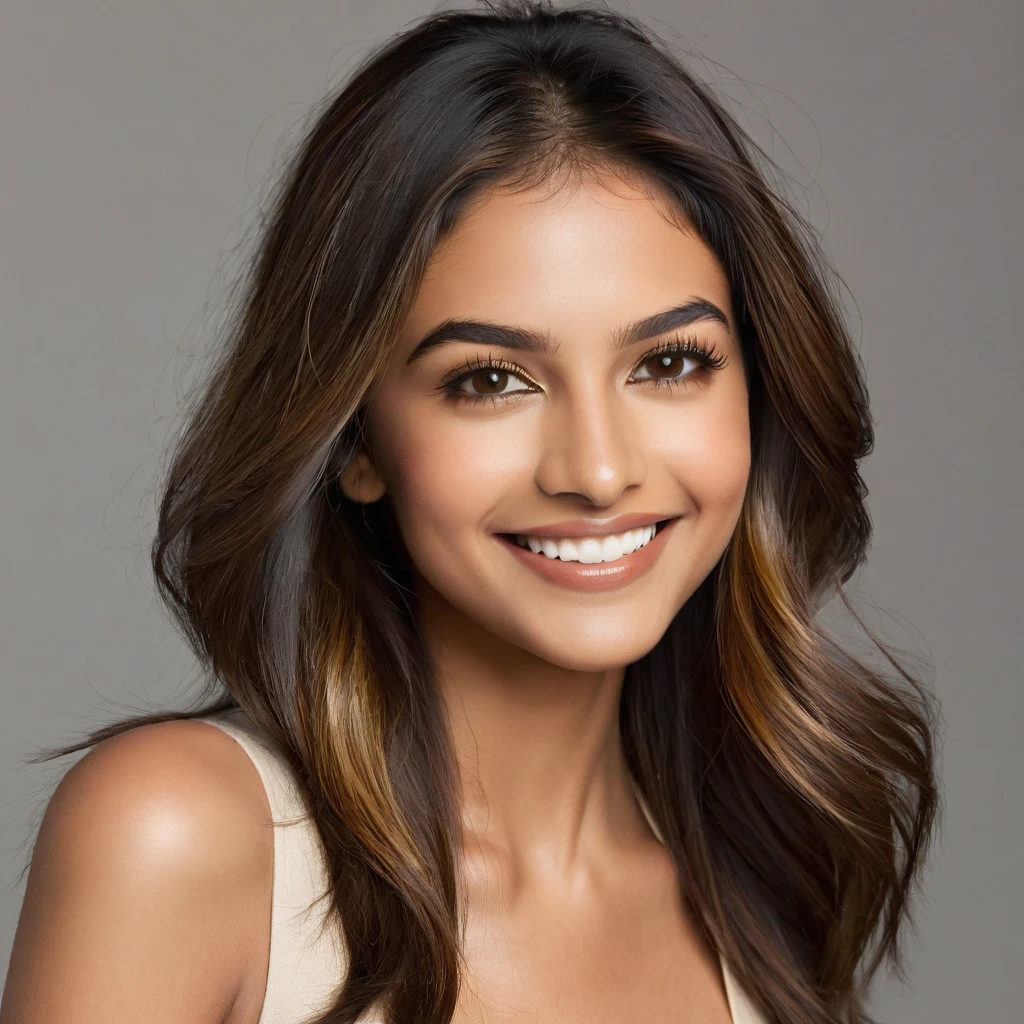 22 year old South Asian Latina woman with honey brown almond-shaped eyes, long dark lashes framing those eyes, and a warm inviting smile revealing perfect white teeth. Her wheatish skin has a golden undertone. Healthy shoulder-length straight brown hair with golden highlights cascading down the ends. High cheekbones and a defined jawline frame her face, accentuated by soft studio lighting illuminating her face and shoulders. Her slim figure is curvaceous with a slight hourglass shape, emphasizing her natural beauty.