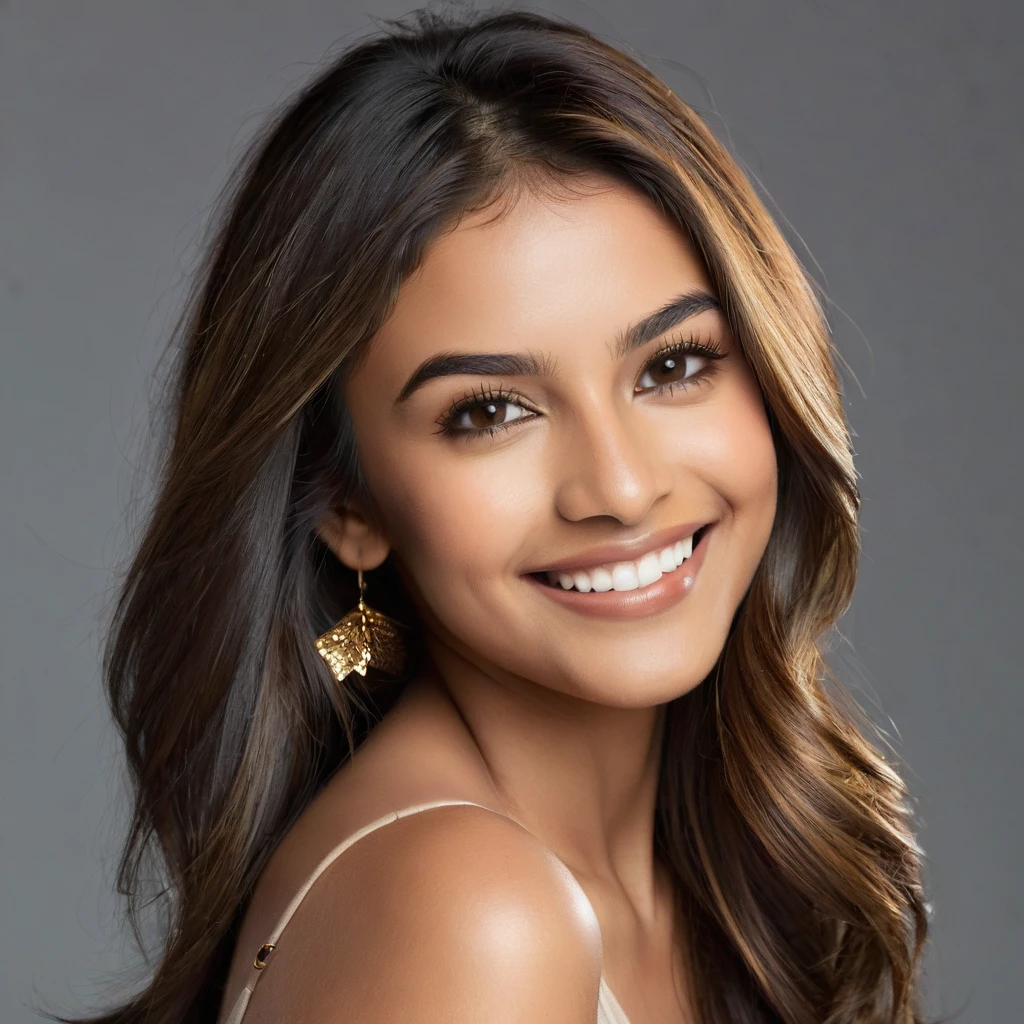 22 year old South Asian Latina woman with honey brown almond-shaped eyes, long dark lashes framing those eyes, and a warm inviting smile revealing perfect white teeth. Her wheatish skin has a golden undertone. Healthy shoulder-length straight brown hair with golden highlights cascading down the ends. High cheekbones and a defined jawline frame her face, accentuated by soft studio lighting illuminating her face and shoulders. Her slim figure is curvaceous with a slight hourglass shape, emphasizing her natural beauty.