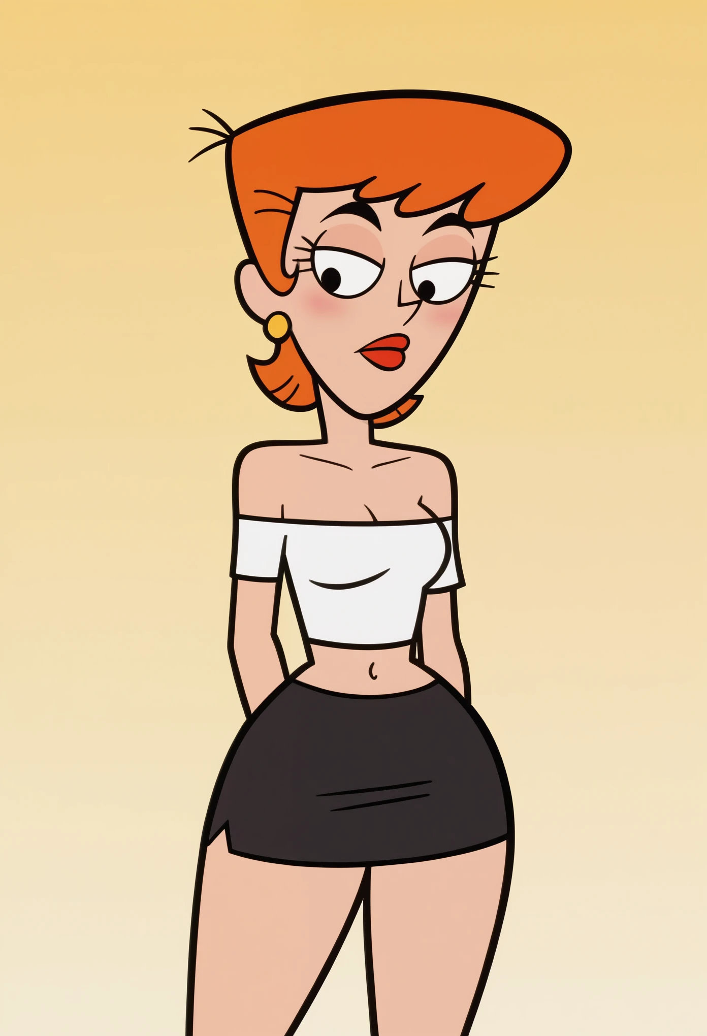 score_6_up, score_7_up, score_8_up, score_9, masterpiece, perfect face, perfect hands, high quality, dextersmom, solo, 1girl, orange hair, short hair, lipstick, earrings, bare shoulders, off-shoulder croptop, micro skirt,