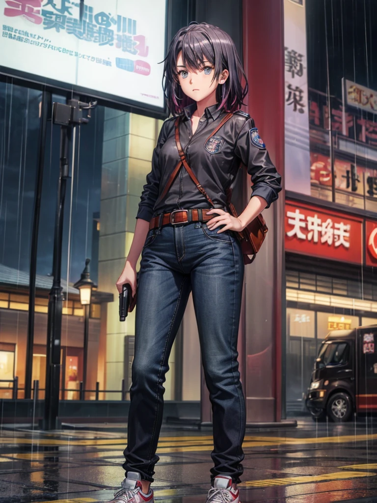 Girl, Black jacket, blue jeans pants ,  japan police car background, night, rain, small breast ,Sneakers , wet bod, In full growth, Holster with a pistol on the belt