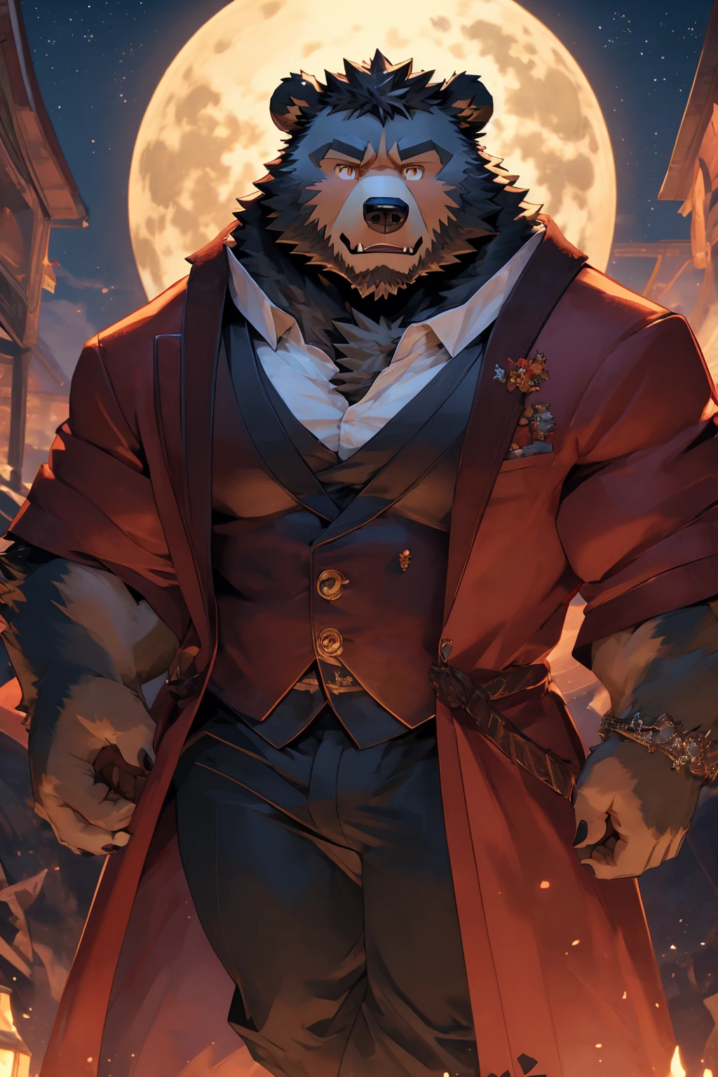 (Super detailed), Sharp focus,hairy, Gray fur, White beard,,Golden Eyes,human nature (棕Bear:1.3), male, Muscular ,(Crotch bulge),(Big Bag),Super detailed的脸,(dishevelled:1.4),(best quality), (masterpiece), High Detail, high quality,High resolution,16K,(Bear:1.3),(scar:1.1),Fangs,(vampire:1.2),(Red robe),moonlight,Sharp teeth