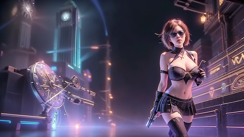 (aerial view). at night, futuristic sci-fi cyberpunk city, broad viaduct, skyscrapers at the end of the viaduct, the movie "13th Floor" style, (((((voltex-spirit-spreading giant clock tower as time machine))))), hq. Matrix style, at night, (1girl, solo), photo realistic, (large-breast:1.2 slim body, cleavage:1.3), (((tube top, extreamly short pleated (((miniskirt))) exposing panty))), (((((matrix style black sunglasses))))), (((((aiming at camera with a (short pistol)))))), (((half-body (thigh level) medium shot))), (cinematic lighting).