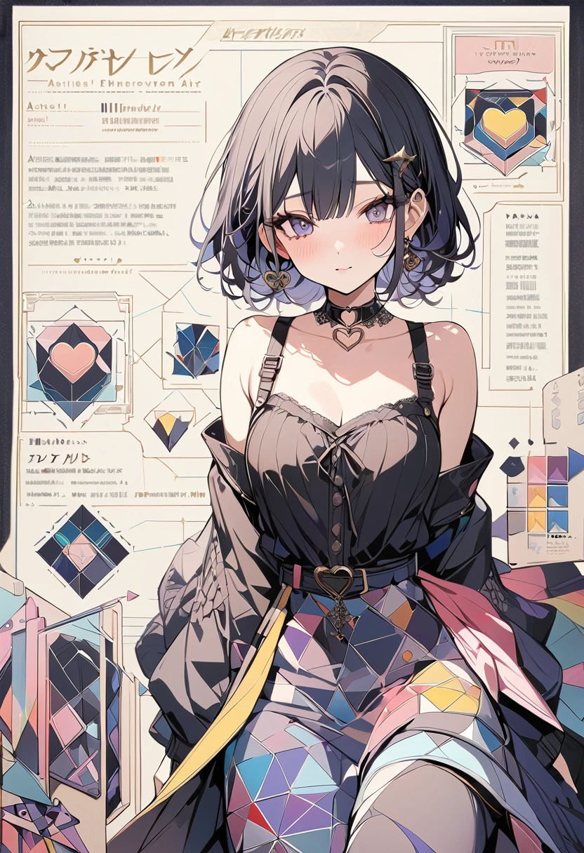 ,beautiful flower々),Mole under the eye, Heart-shaped choker, (masterpiece, Highest quality), Official Art, beautifully、aesthetic: 1.2), (1 Girl), Very detailed, (Geometry Art: 1.3), colorful,character sheet,simple background