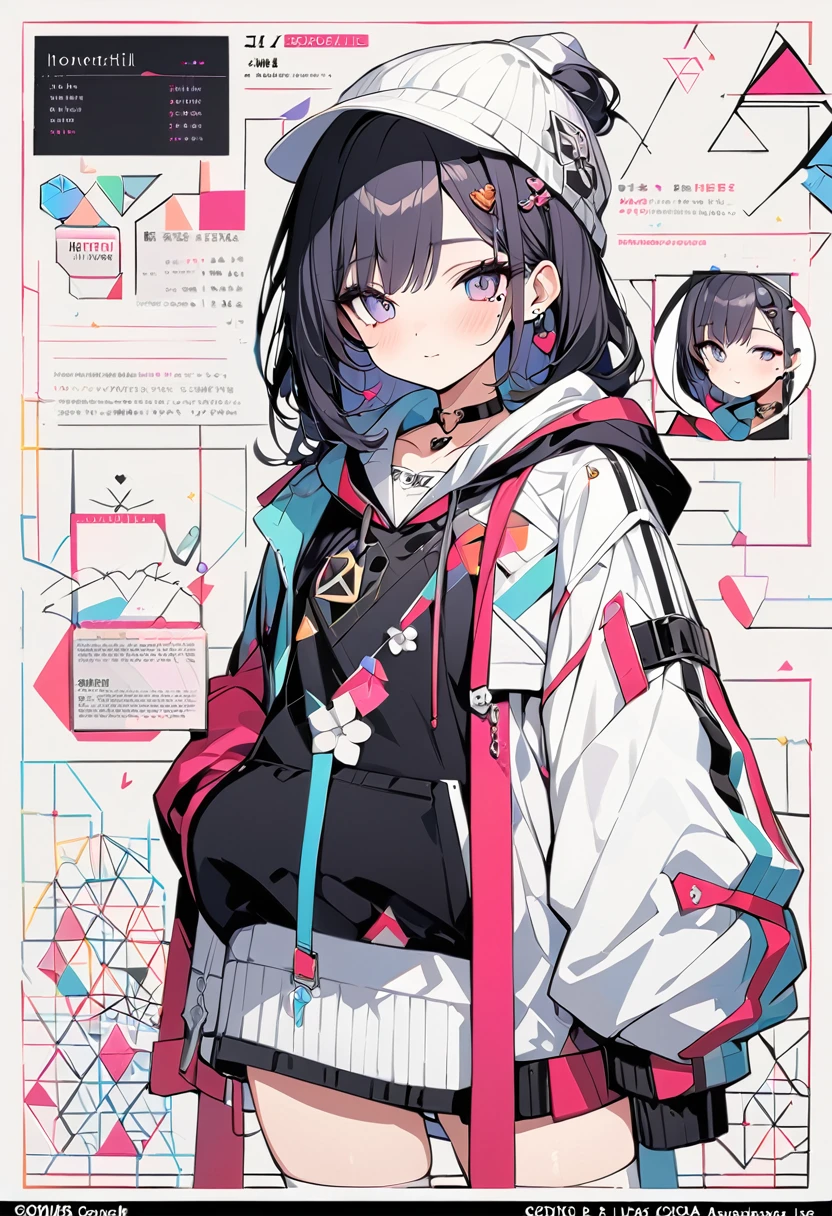,beautiful flower々),Mole under the eye, Heart-shaped choker, (masterpiece, Highest quality), Official Art, beautifully、aesthetic: 1.2), (1 Girl), Very detailed, (Geometry Art: 1.3), colorful,character sheet,simple background