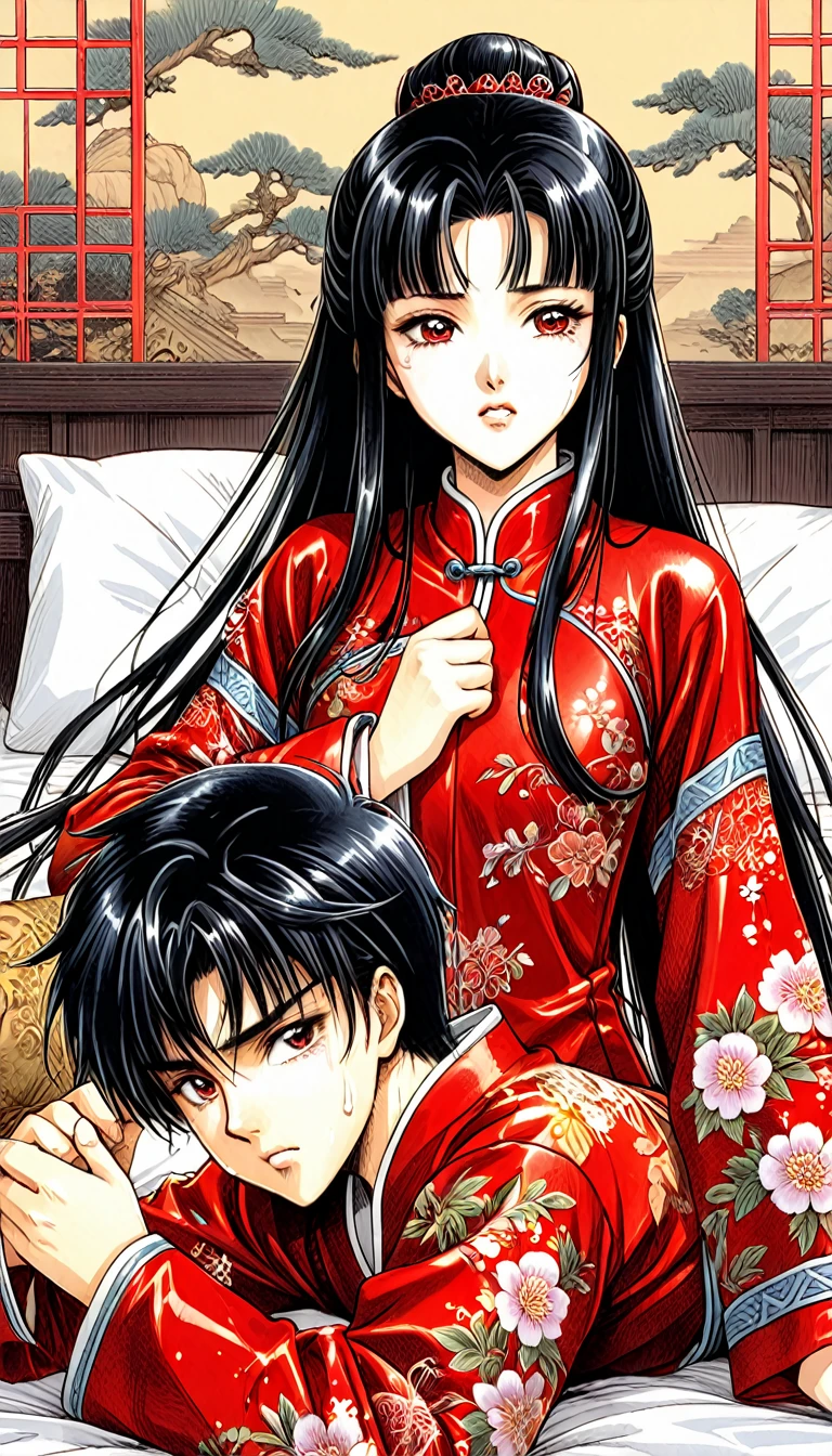 8k Tragic historical drama in live-action style: Beautiful palace secrets Beautiful 10 year old Chinese Kung Fu princess with long black hair is forced to give a hard blowjob Gorgeous embroidery, Ultra glossy, She is wearing a shiny red top and bottom long sleeve floral pajama kung fu suit.... She cries loudly and is laid down on a floral futon to give the emperor a blowjob.