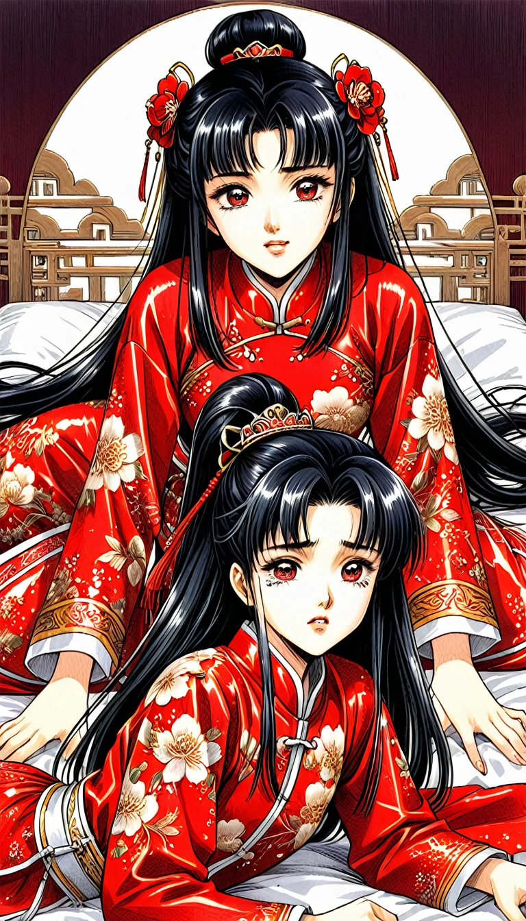 8k Tragic historical drama in live-action style: Beautiful palace secrets Beautiful 10 year old Chinese Kung Fu princess with long black hair is forced to give a hard blowjob Gorgeous embroidery, Ultra glossy, She is wearing a shiny red top and bottom long sleeve floral pajama kung fu suit.... She cries loudly and is laid down on a floral futon to give the emperor a blowjob.