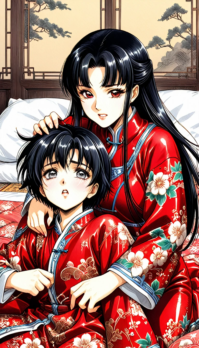 8k Tragic historical drama in live-action style: Beautiful palace secrets　Beautiful 10 year old Chinese Kung Fu princess with long black hair is forced to give a hard blowjob　Gorgeous embroidery, Ultra glossy, She is wearing a shiny red top and bottom long sleeve floral pajama kung fu suit....　　She cries loudly and is laid down on a floral futon to give the emperor a blowjob.