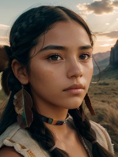 (best quality,4k,8k,highres,masterpiece:1.2),ultra-detailed,realistic,photorealistic:1.37, beautiful detailed eyes, beautiful detailed lips, extremely detailed face, longeyelashes, intimate view, classic oil painting, soft lighting, vibrant colors, warm tones, atmosphere, young and beautiful Ancient Native American Girl walking on on a field surrounded by mountains in ancient America, timid expression, random hairstyle, flawless skin texture, gentle breeze, elegant pose, nervous energy, afternoon ambiance, frontal shot, Wearing nativam, sunset