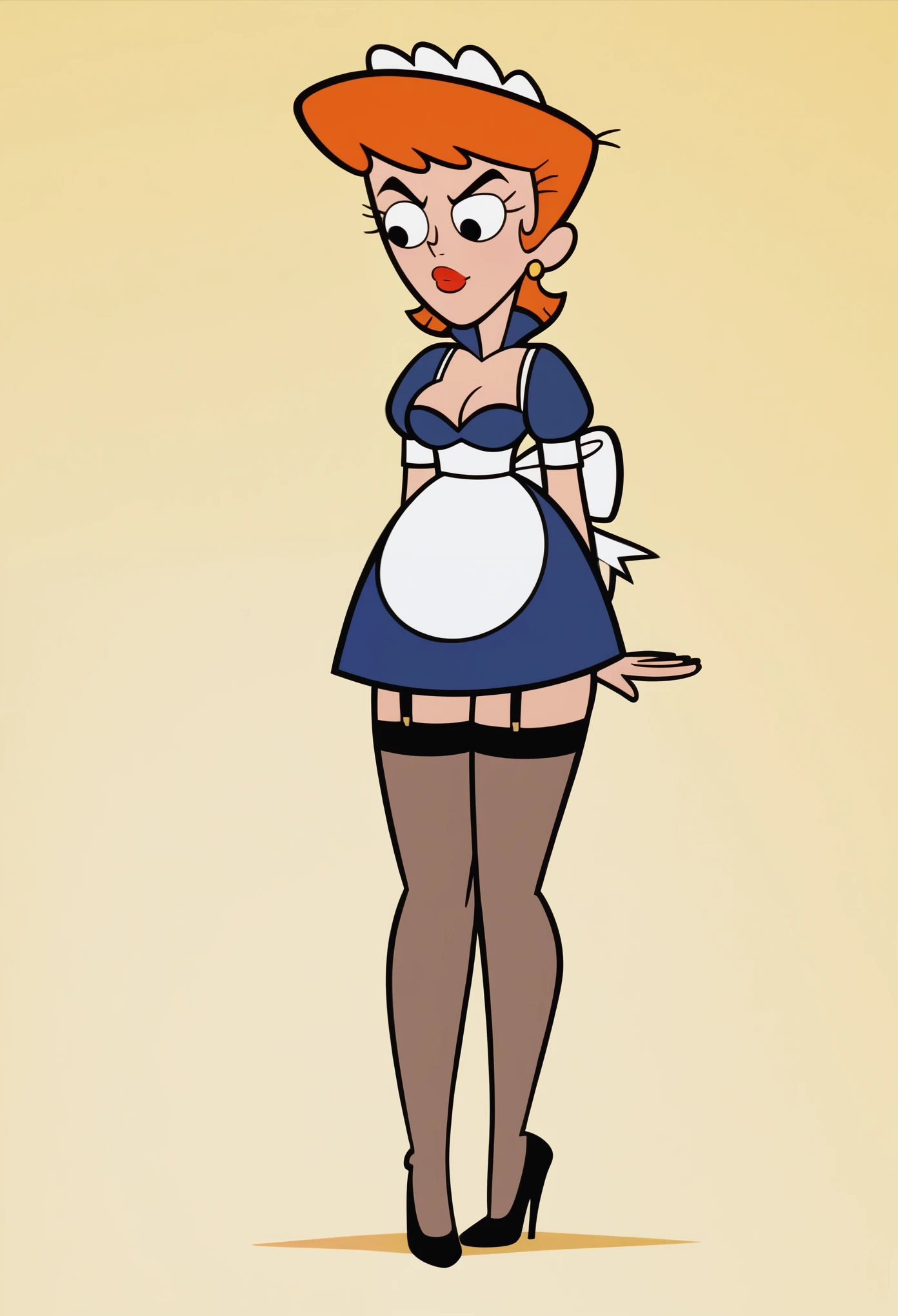score_6_up, score_7_up, score_8_up, score_9, masterpiece, perfect face, perfect hands, high quality, dextersmom, solo, 1girl, orange hair, short hair, lipstick, earrings, Blue maid uniform, apron, stockings, lipstick, makeup, cleavage,(( 5 toes, black toes nails, tied ankles together , tied arms , Focus full body, with no shoes, sit on a chair))), 