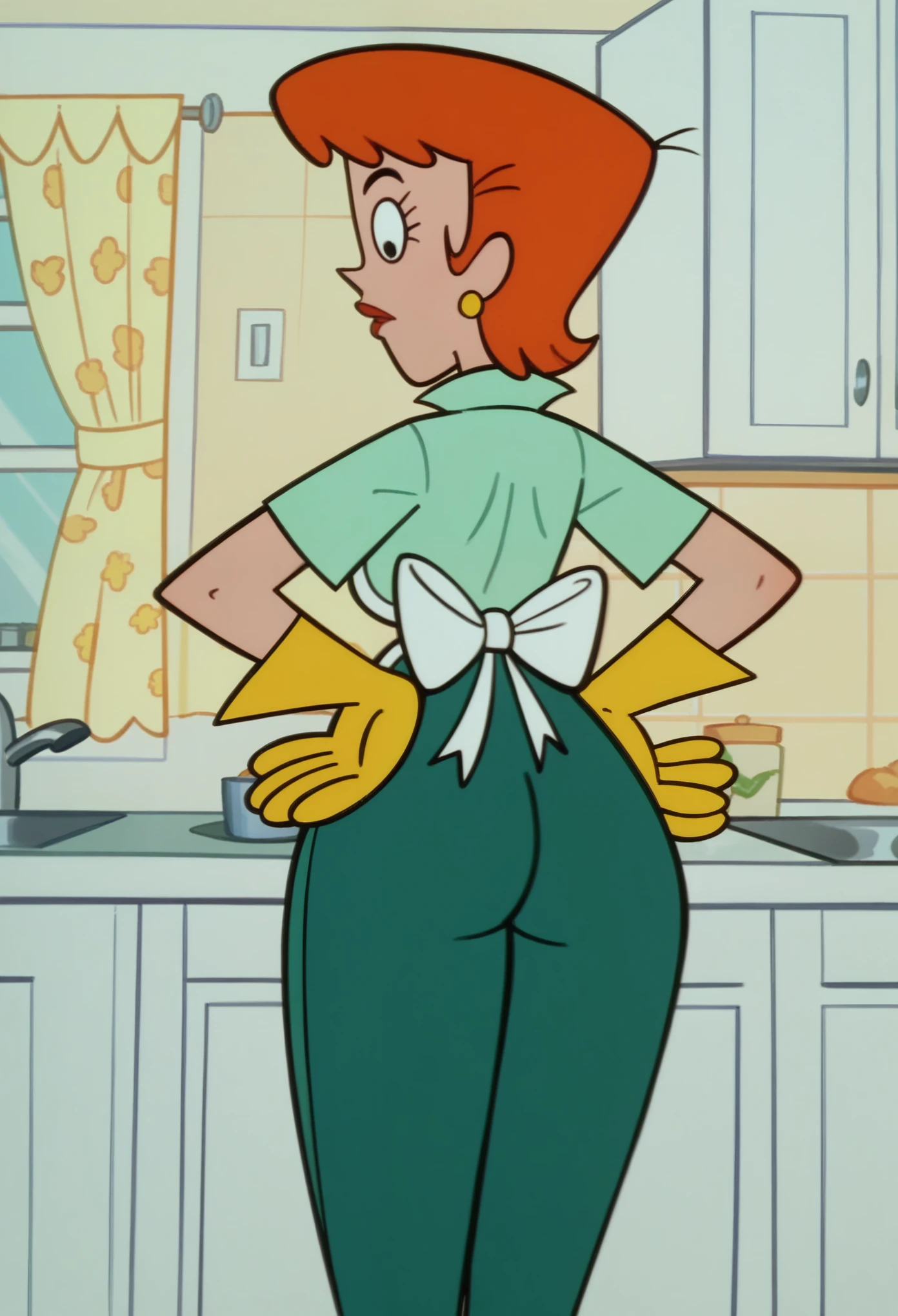 DextersMom, 1girl, solo, earrings, hands on hips, apron, short hair, aqua shirt,rubber gloves, green pants, large breasts,kitchen,curtains, ass, score_9, score_8_up, score_7_up, score_6_up, score_5_up, score_4_up, looking at viewer,