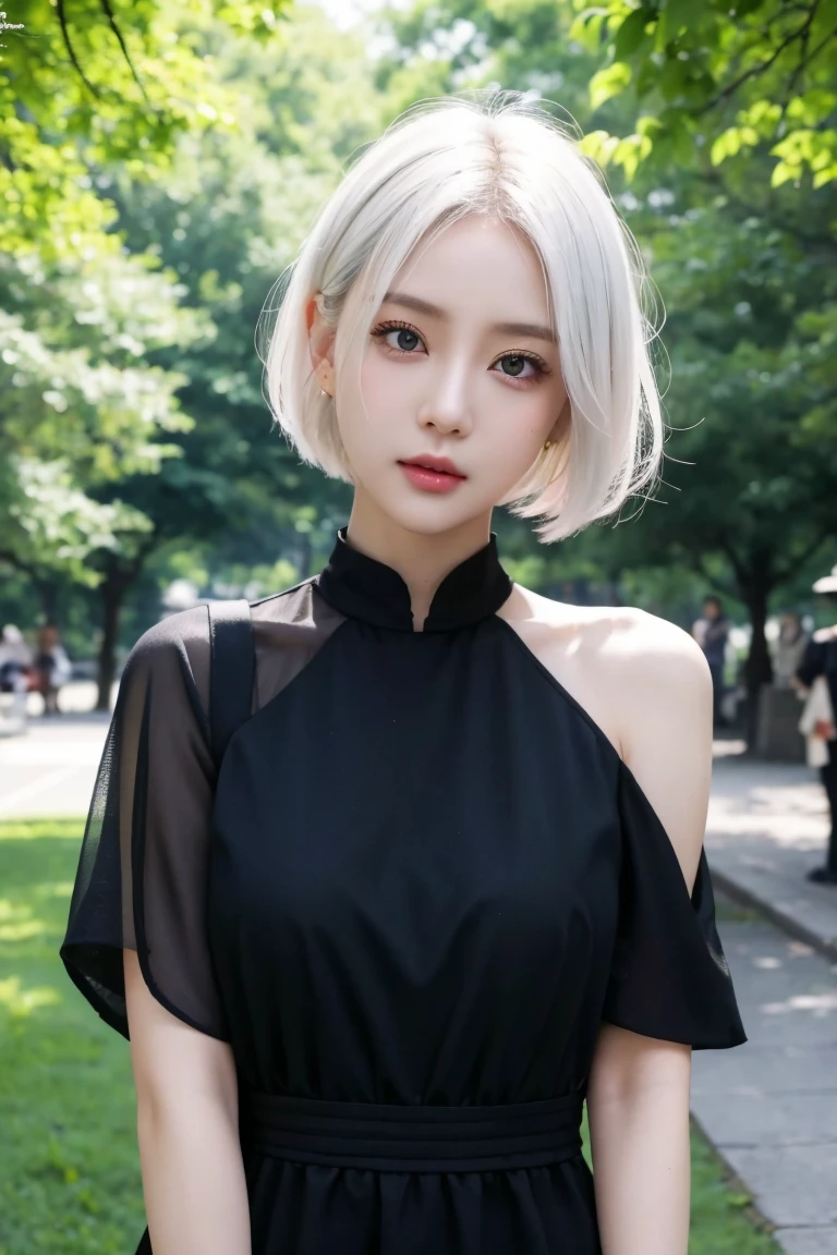 White hair、Pink Eyes、short hair、Lovely、A girl、只有A girl、daytime、Wearing a black dress、in the park、lol、Green Trees