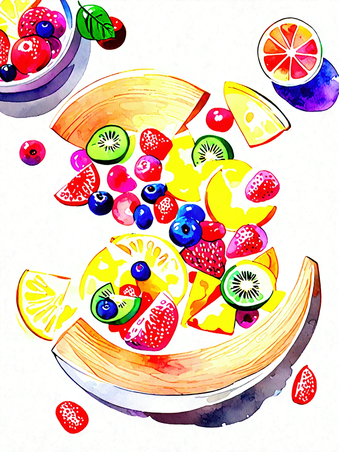 8k, super detail, award winning, highres, amazing quality, accurate,((best quality:1.2)), ((watercolor)), (((solid white background))), ((minimalist)), ((negative space)), a bowl full of fresh, healthy and vibrant color fruit salad, the bowl are made form wood, capture the fresh and delicious taste from the food, ((watercolor)), no object clip, no shadow clip, no blur, no human, no person, no text, no symbol, pseudo