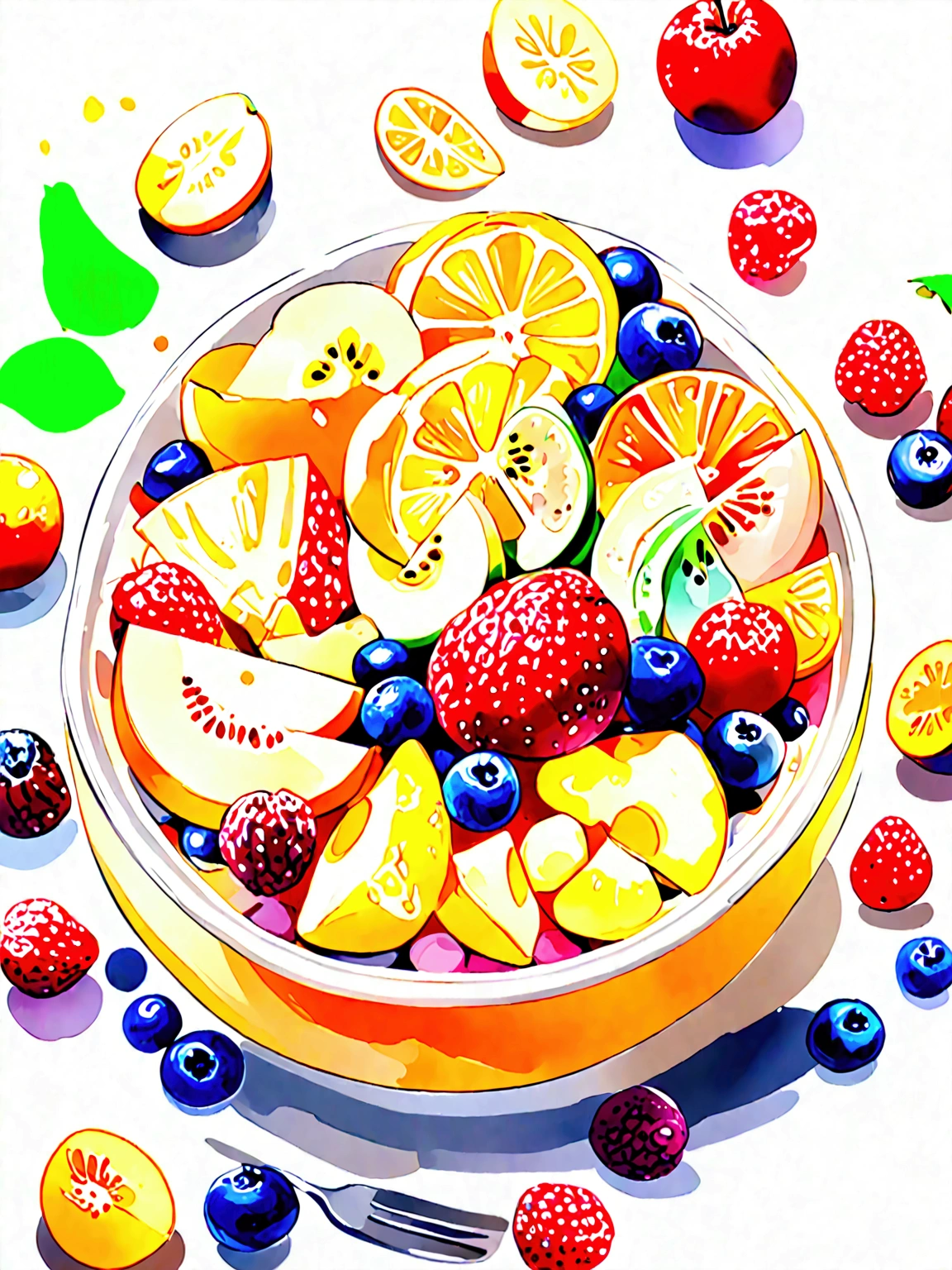 8k, super detail, award winning, highres, amazing quality, accurate,((best quality:1.2)), ((watercolor)), (((solid white background))), ((minimalist)), ((negative space)), a bowl full of fresh, healthy and vibrant color fruit salad, the bowl are made form wood, capture the fresh and delicious taste from the food, ((watercolor)), no object clip, no shadow clip, no blur, no human, no person, no text, no symbol, pseudo