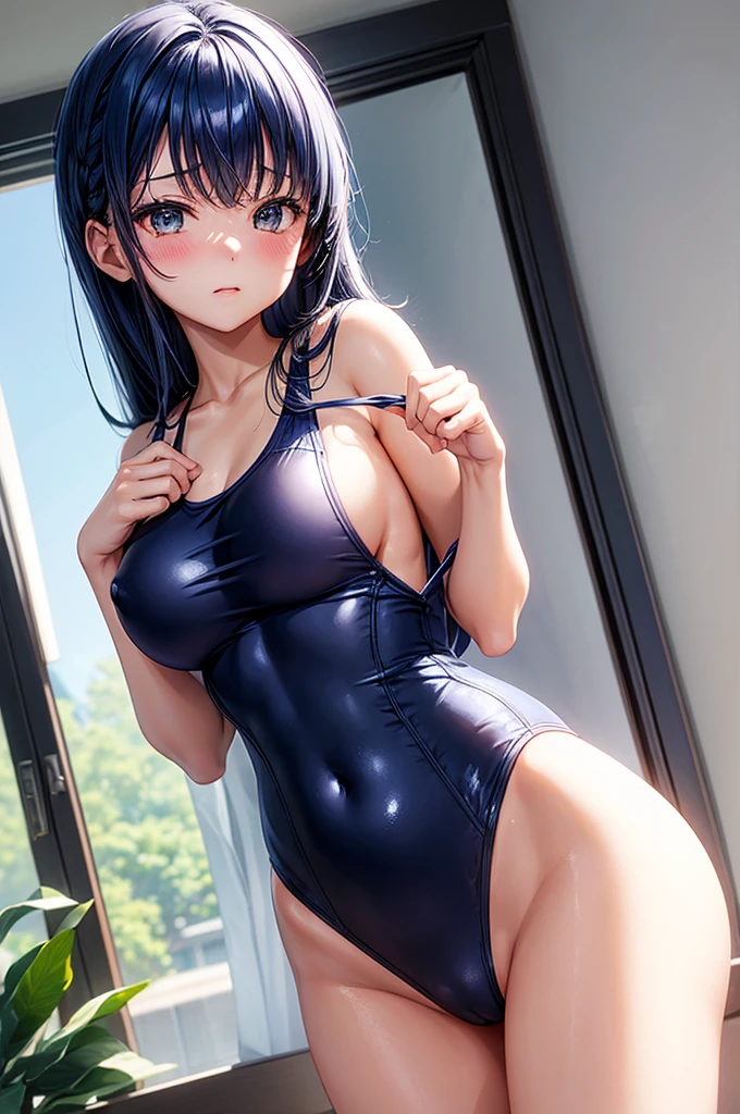 A beautiful woman wearing a navy blue school swimsuit that is so shiny it reflects light.、high school girl、Blue Hair、Pull down the swimsuit strings to reveal your nipples、She's a pervert、blush