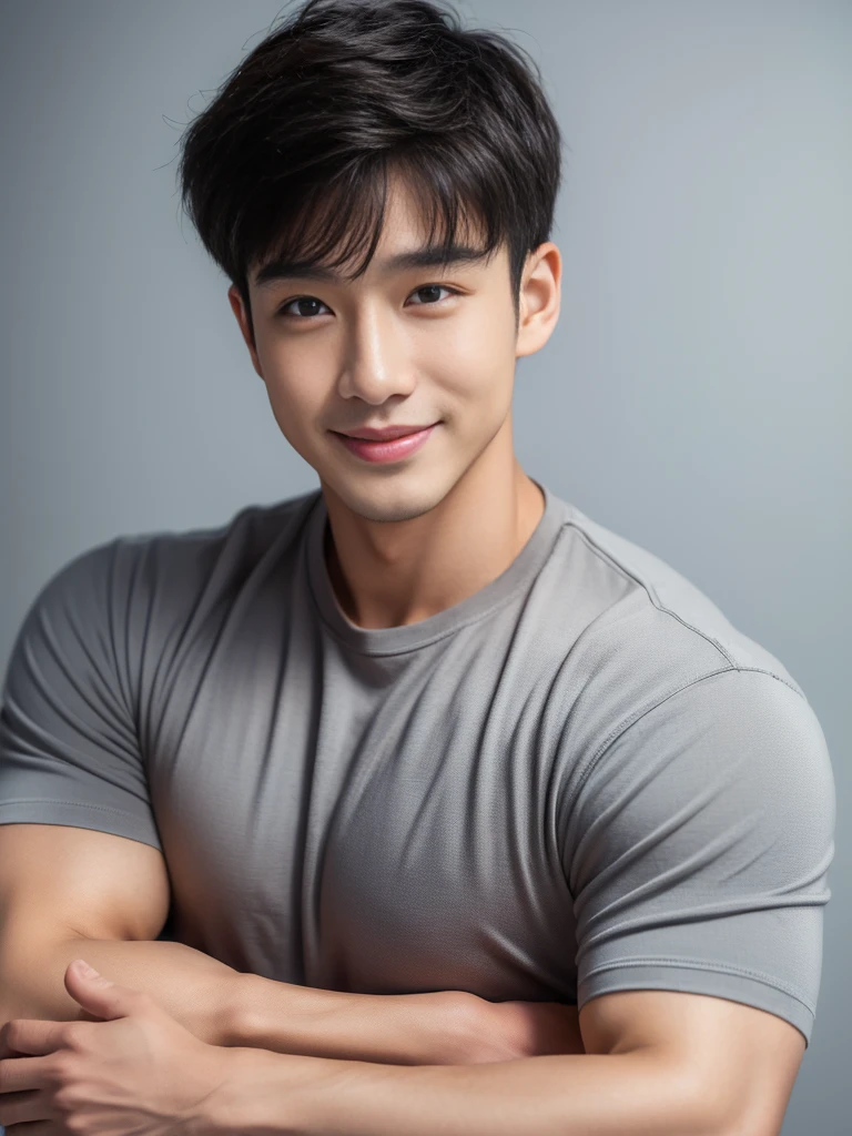 ((Highest quality, 8K, Masterpiece: 1.3))、Cool Thai man, １A man who has、 yo、Good appearance、Beautiful nose、smile、 Detailed eyes and face、beautiful light、(studio)、high resolution、（Look at the viewer.）、Fine mouth、smile、whole body: 1.5, perfect shape: 1.3, Picture of both shoulders:1.3, Gray round neck t-shirt:1.5