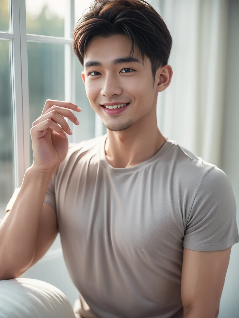 ((Highest quality, 8K, Masterpiece: 1.3))、Cool Thai man, １A man who has、 yo、Good appearance、Beautiful nose、smile、 Detailed eyes and face、beautiful light、(studio)、high resolution、（Look at the viewer.）、Fine mouth、smile、whole body: 1.5, perfect shape: 1.3, Picture of both shoulders:1.3, Gray round neck t-shirt:1.5