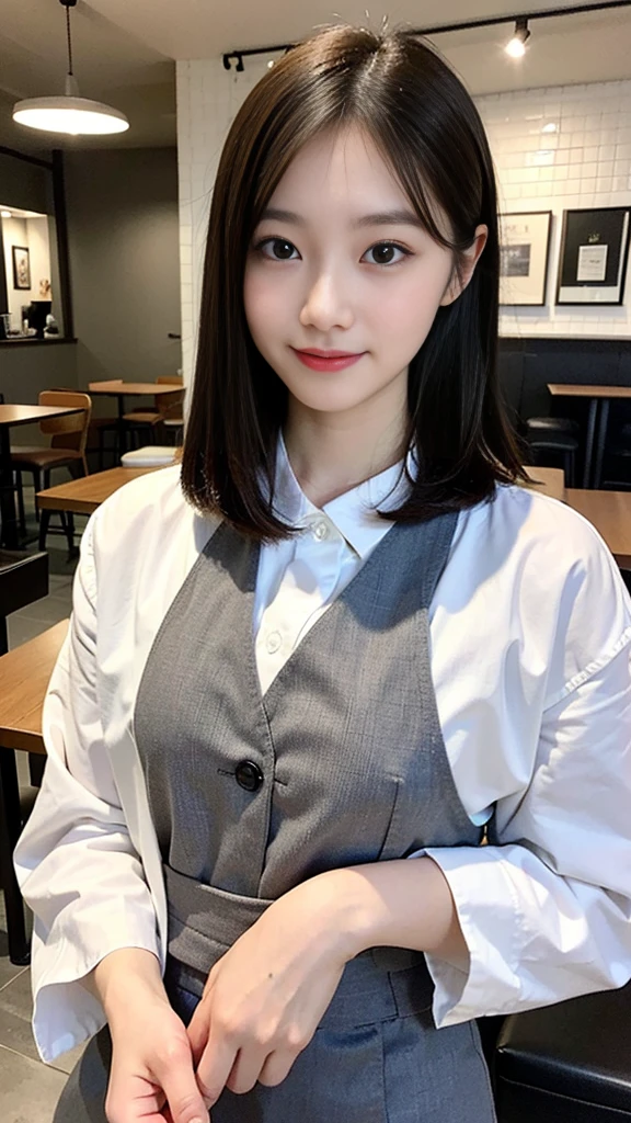 Portrait of a Japanese woman、alone、20 year old Japanese woman、Beautiful Face、Upper Body、Hair over one ear、Medium Sidecut、Blonde、Ugly costume、(Highest quality、High resolution、high resolution、masterpiece:1.3)、At the cafe、Stylish cafe