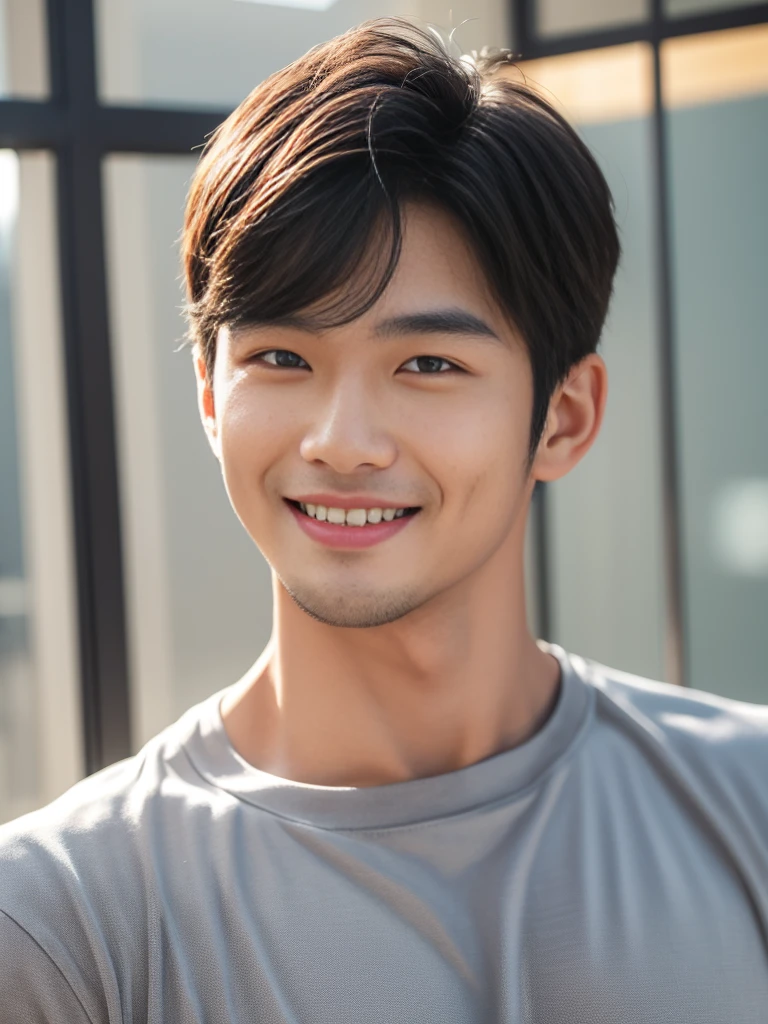 ((Highest quality, 8K, Masterpiece: 1.3))、Cool Thai man, 1A man who has、 yo、Good appearance、Beautiful nose、smile、 Detailed eyes and face、beautiful light、(studio)、high resolution、(Look at the viewer.)、Fine mouth、smile、whole body: 1.5, perfect shape: 1.3, Picture of both shoulders:1.3, Gray round neck t-shirt:1.5