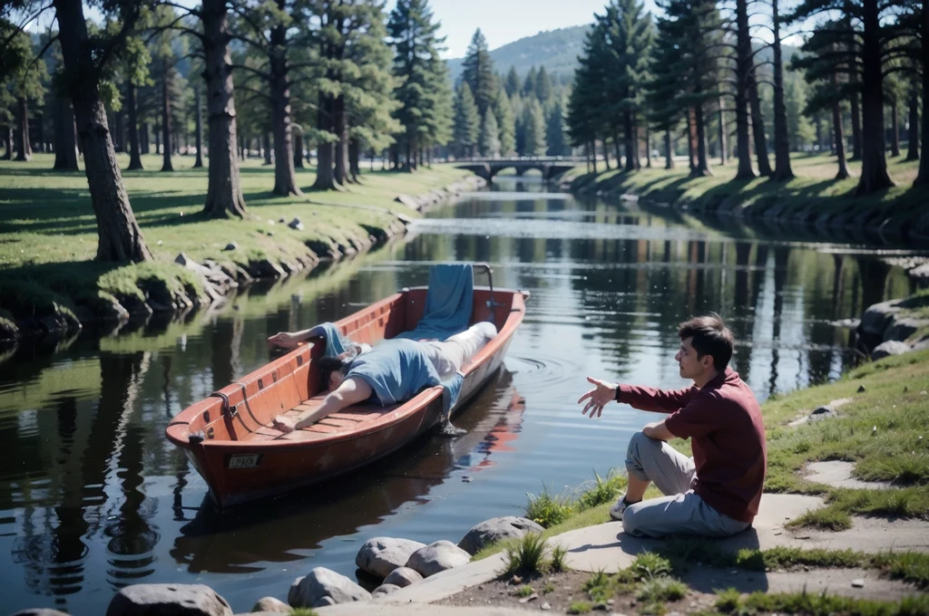 [((lifeless human body floats on the river))]. A dead human body floats on the river carried by the current and the flow of water. Detailed photorealistic shot. [8K, high details, natural reflections].