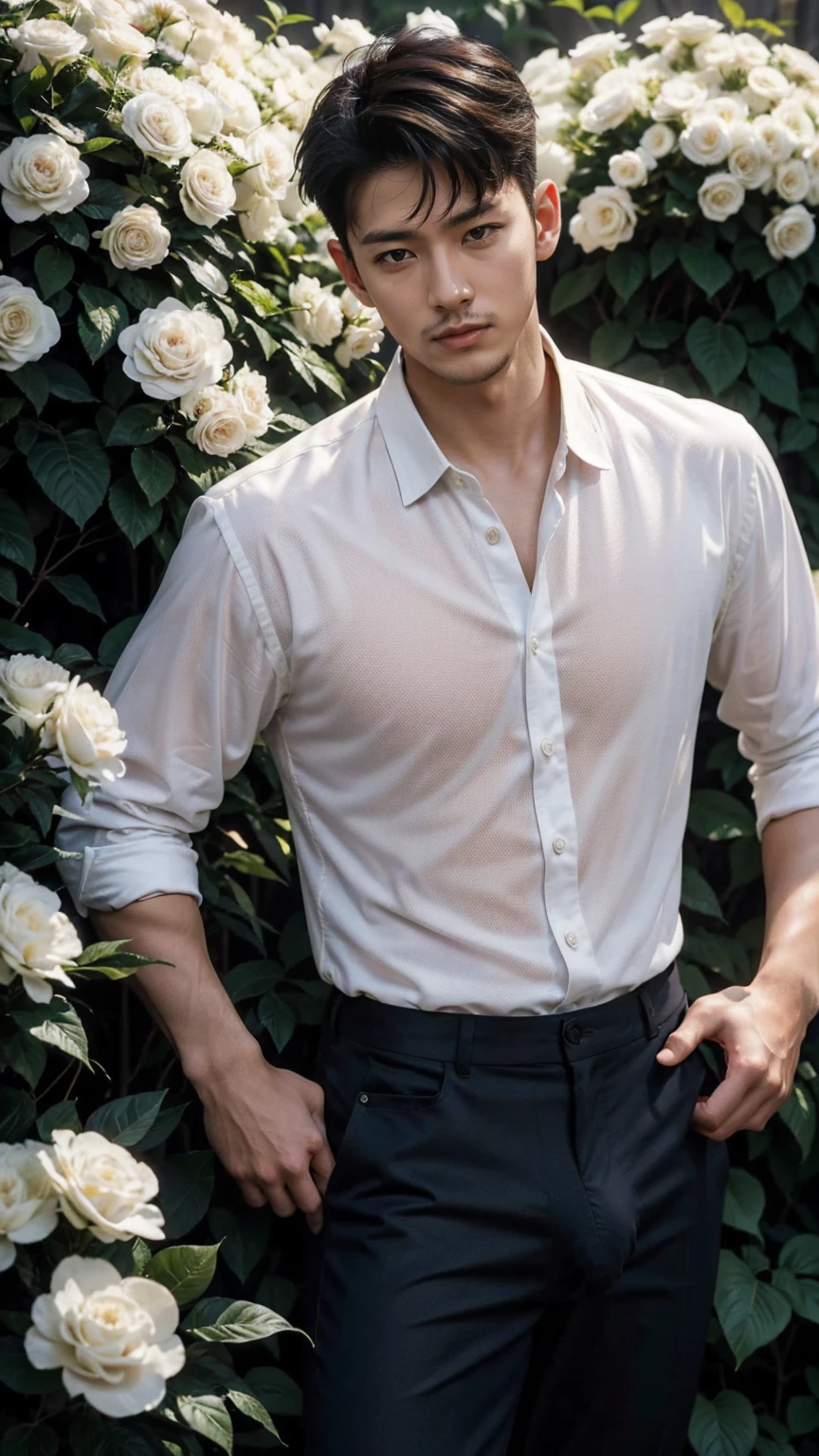 Handsome Chinese young man makes him even more handsome、Fascinating images show very manly and handsome men from China, 32 years old、 He is standing on a slope where gardenias bloom, Gazing into the distance、He is wearing only a white shirt and no pants, with his erect penis fully exposed and held in his left hand.、Attention to detail, This realistic portrait embodies the National Geographic style., Capture every nuance of skin texture with 8K resolution. His features stand out with pure clarity, From deep-set eyes to a chiseled jawline, Make this image a true masterpiece. life, Highest quality, 8K Ultra HD+, Leica digital SLR camera
