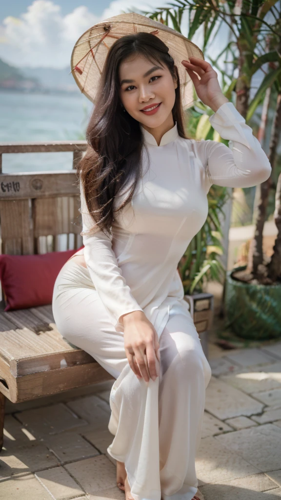 detailed body, attractive body, perfect human body, realistic face,
(ultimate quality, masterpiece, highres:1.0), realistic:1.6, photorealistic,
[8k UHD photos, UHD high quality photos, Super detailed and super clear images],
Close-up of a Vietnamese girl with a beautiful face and balanced body, leggy, round face, big round eyes, Charming smile, Red lips, long curly eyelashes, big dimples, pointed chin, plump face, Her face resembles BaoTran x ThanhThanh, Tall and plump figure, lace bra inside, lace panty inside,
wearing a bright and shiny white silk ao dai with embroidered flowers, sitting and playing with the sand and ocean waves, pose sexy,
Silk ao dai,