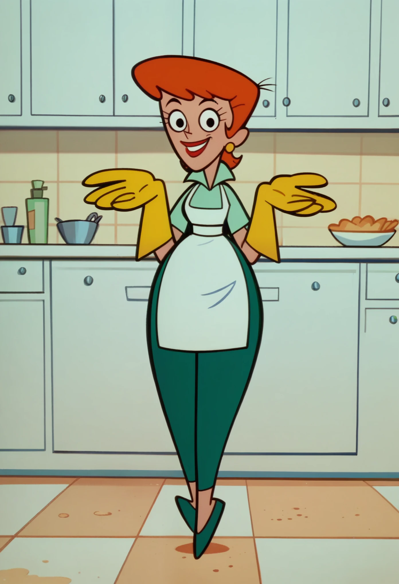 dextersmom, solo, 1girl, aqua shirt, green pants, rubber gloves, orange hair, earrings, apron, short hair, smile, kitchen, lipstick,green footwear,  score_9, score_8_up, score_7_up, score_6_up, score_5_up, score_4_up, looking at viewer,