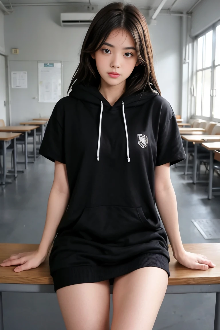 une femme de 18 ans sexy et mince , black short sleeve hoodie , salle de classe, se touche,position sey,sensuel